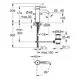 GROHE Waschtischbatterie mit einhebeliger Steuerung, abgebildet mit Maßlinien, Anschlussgrößen und technischen Details für die Installation.