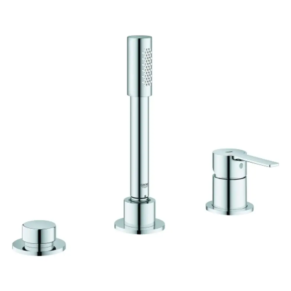 Grohe Badarmatur in chrom, bestehend aus drei Komponenten: einer hohen Handbrause, einem Wasserhebel und einem zusätzlichen Bedienelement.