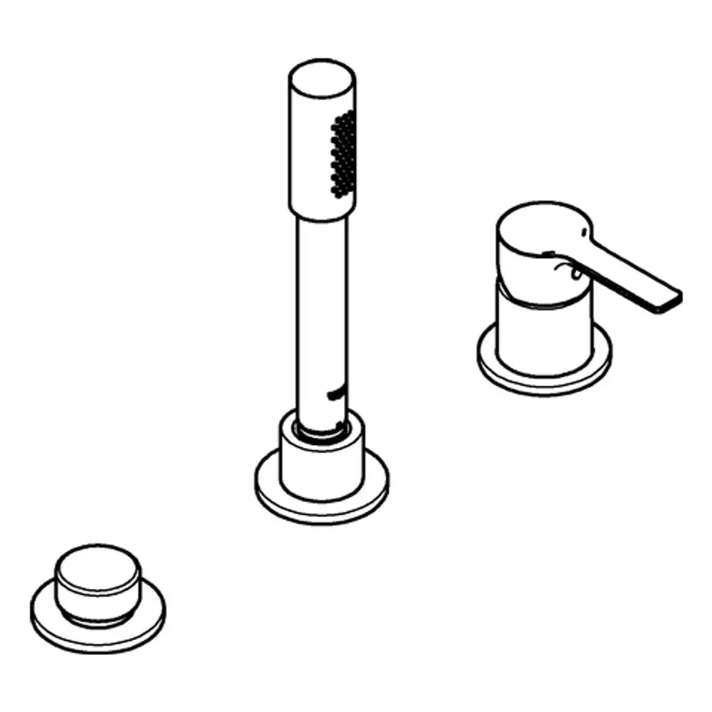Drei Teile einer Grohe-Wannenkombination in chrom. Ein senkrechter Wasserhahn, ein Bedienhebel und eine Abdeckung sind abgebildet.