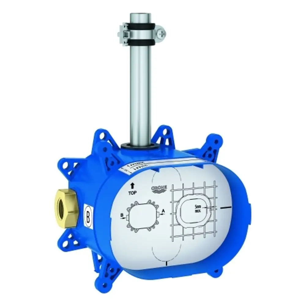 GROHE Montageelement für eine Kopfbrause, in blauer Farbe mit Montageanleitung auf der Vorderseite und Verbindung für Wasseranschluss an der Seite.