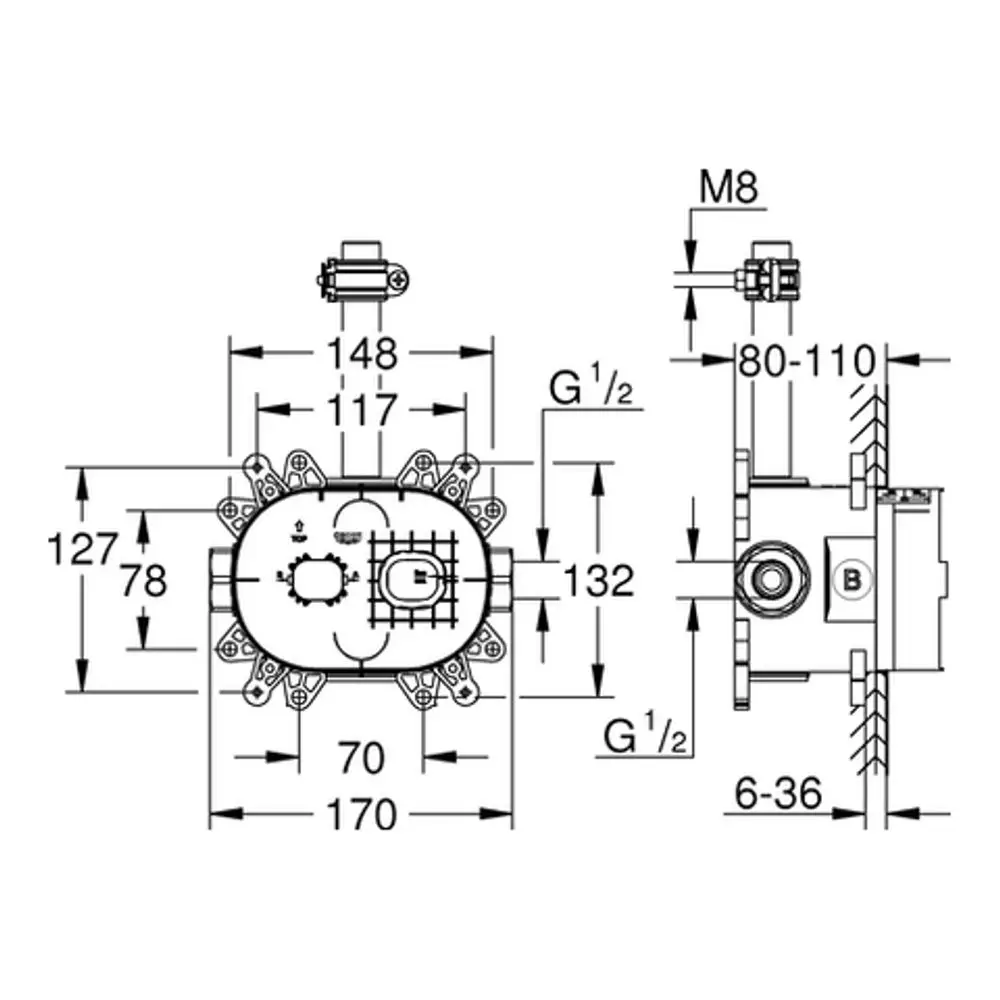 Technische Zeichnung eines Grohe Rohbausets für eine Kopfbrause mit Maßangaben und Anschlüssen. Darstellungen aus der Draufsicht und Seitenansicht sind sichtbar.