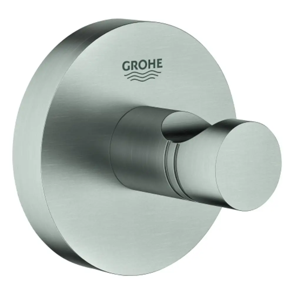 Wandhaken aus Metall in gebürstetem Finish, geeignet für den Einsatz im Badezimmer, mit der Marke Grohe auf der Oberfläche.