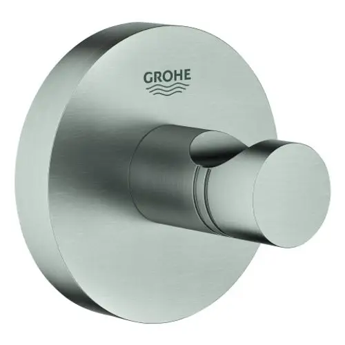 Wandhaken aus Metall in gebürstetem Finish, geeignet für den Einsatz im Badezimmer, mit der Marke Grohe auf der Oberfläche.