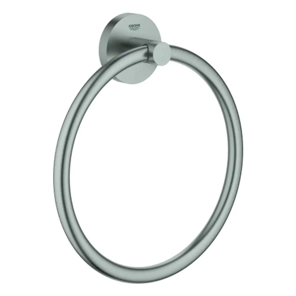 Handtuchring aus Metall in Supersteel-Finish, befestigt an einer runden Wandplatte, hergestellt von Grohe.