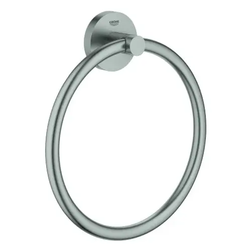 Handtuchring aus Metall in Supersteel-Finish, befestigt an einer runden Wandplatte, hergestellt von Grohe.