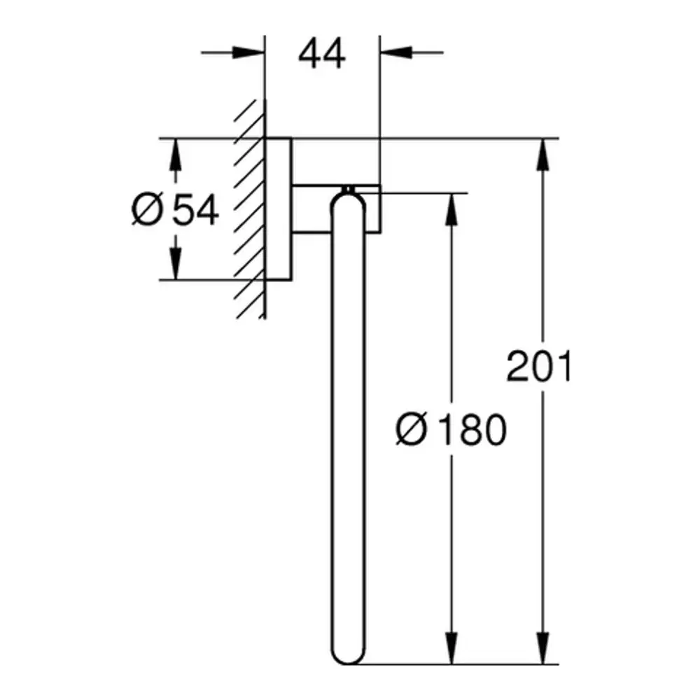 GROHE Handtuchring mit runder Wandhalterung und Metallstange in einem schematischen technischen Zeichnungsstil. Maße sind im Bild deutlich dargestellt.