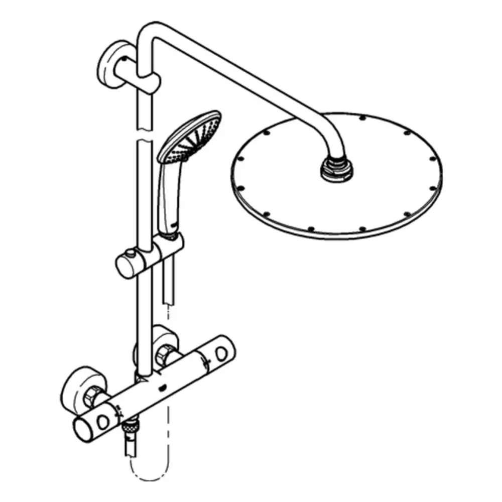 Grohe Duschsystem mit einer großen, runden Kopfbrause und einer zusätzlichen Handbrause, verbunden durch eine vertikale Halterung. Ein Thermostat mit mehreren Steuerknöpfen ist sichtbar.
