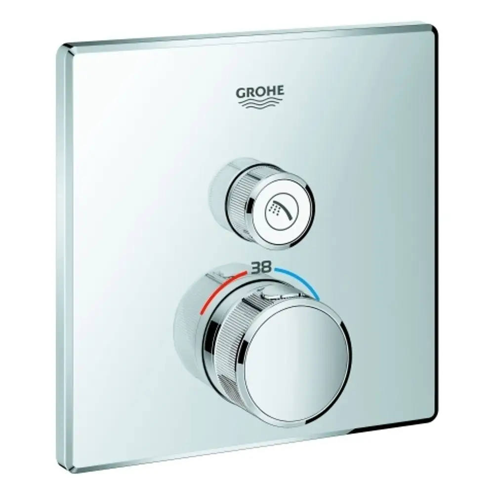 GROHE Thermostat mit zwei Bedienelementen auf einer quadratischen, reflektierenden Oberfläche. Rote und blaue Markierungen zeigen Temperaturregulierung an.