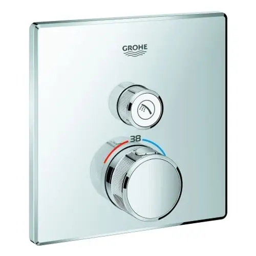 GROHE Thermostat mit zwei Bedienelementen auf einer quadratischen, reflektierenden Oberfläche. Rote und blaue Markierungen zeigen Temperaturregulierung an.