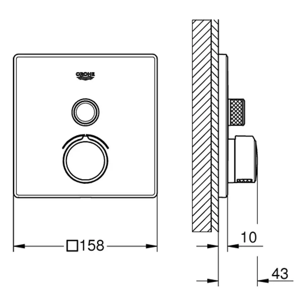 Grohe Unterputzmischer mit quadratischem Design, bestehend aus einem Steuerungselement und einem Absperrventil, montiert auf einer Wand mit sichtbarem Anschluss.