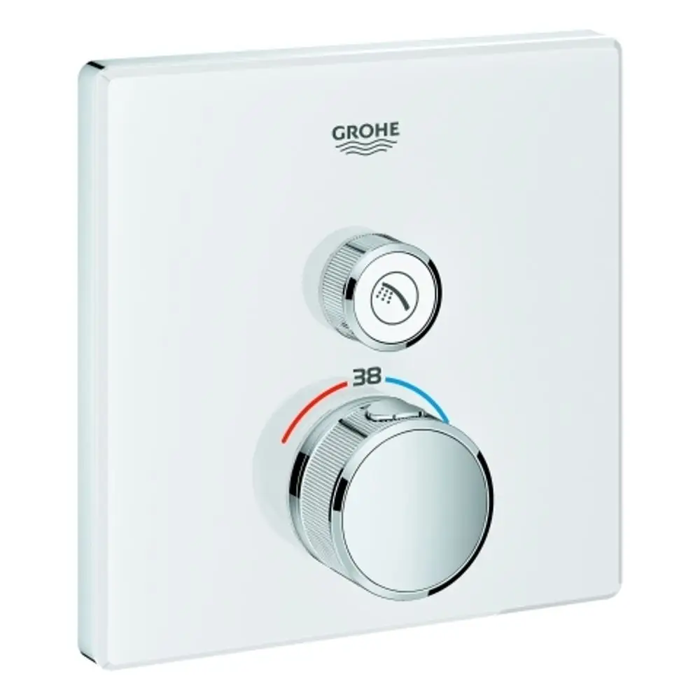 Weißer Wandthermostat zur Regelung von Wasserfluss und Temperatur, ausgestattet mit zwei Drehknöpfen, von der Marke Grohe.