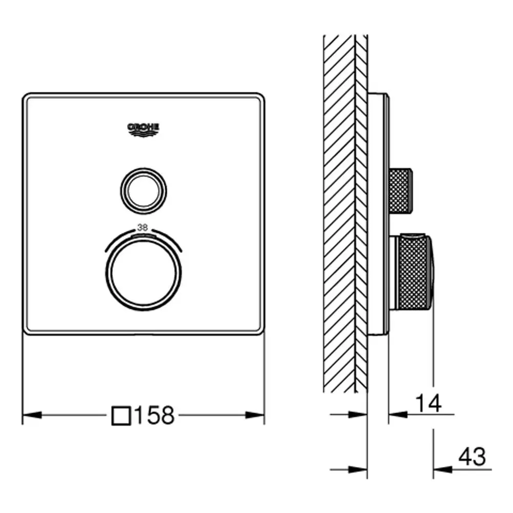 Weißes Bedienfeld von Grohe mit zwei Drehreglern. Gezeigt werden Vorderansicht und Seitenansicht mit Maßangaben. Design für ein Absperrventil.