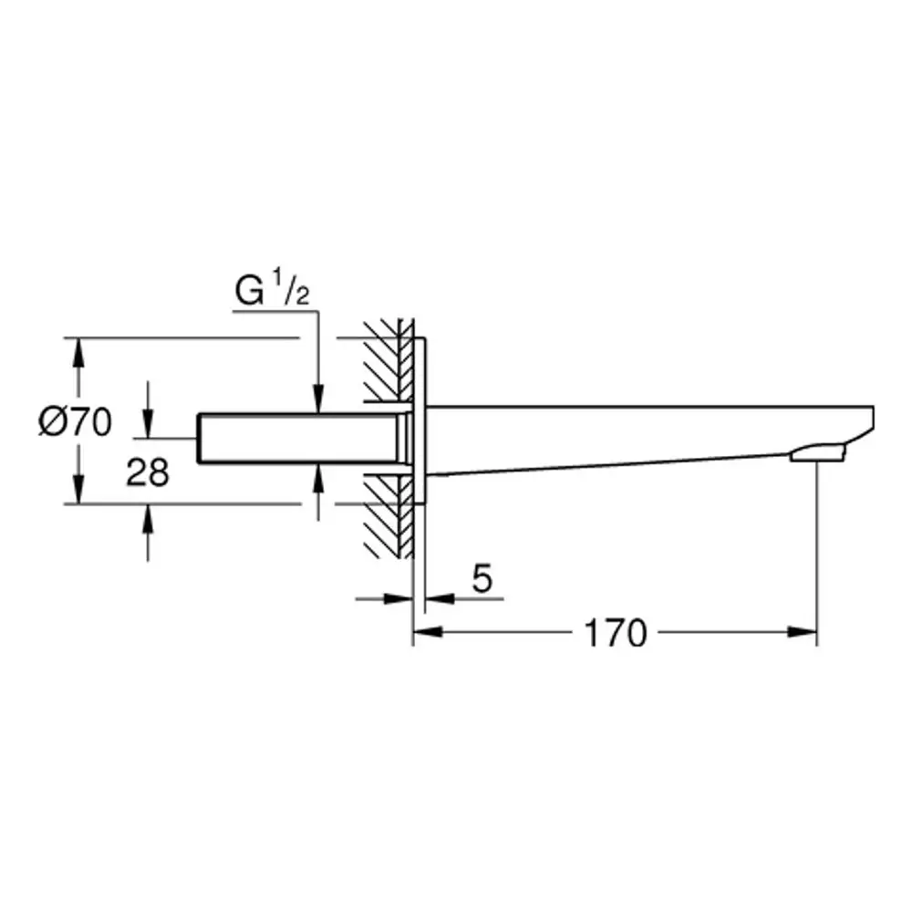 GROHE Wandmontage-Element mit einem Rohr und einem Flansch, abgebildet in seitlicher Ansicht. Rohrdurchmesser und Abmessungen sind im Diagramm angegeben.