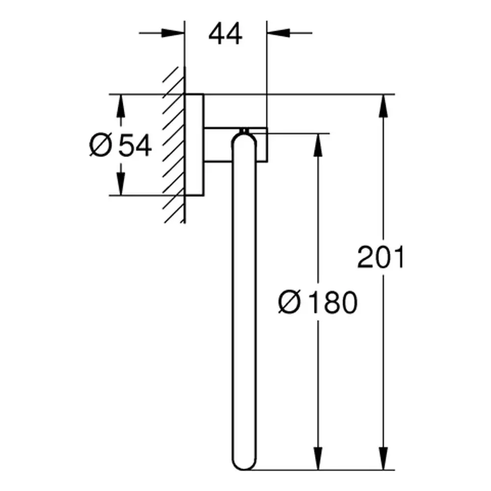 Graues Wandmontageelement von Grohe, dargestellt in technischer Zeichnung, zeigt Maße und Durchmesser des Produkts sowie seine Position an der Wand.