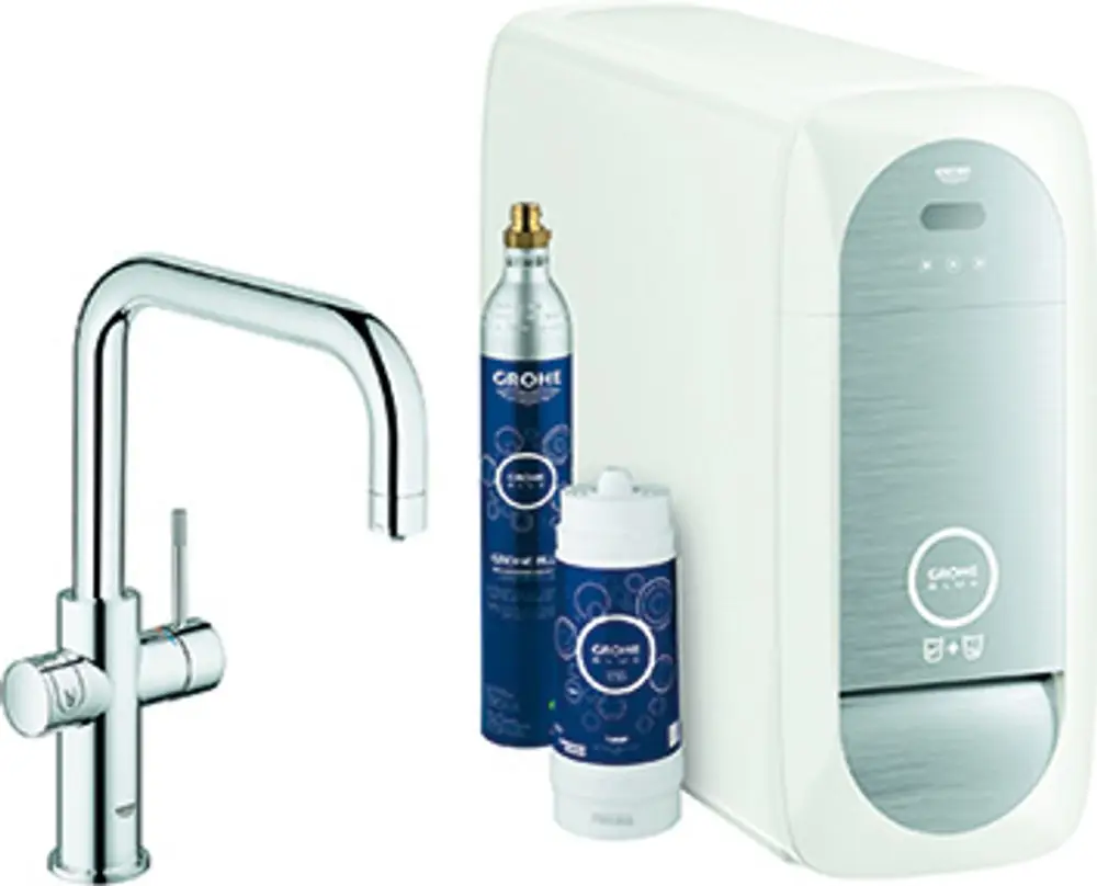 Wasserfilter-System von Grohe mit U-Auslaufhahn, zwei Kartuschen und CO2-Zylinder für die Zubereitung von sprudelndem Wasser.