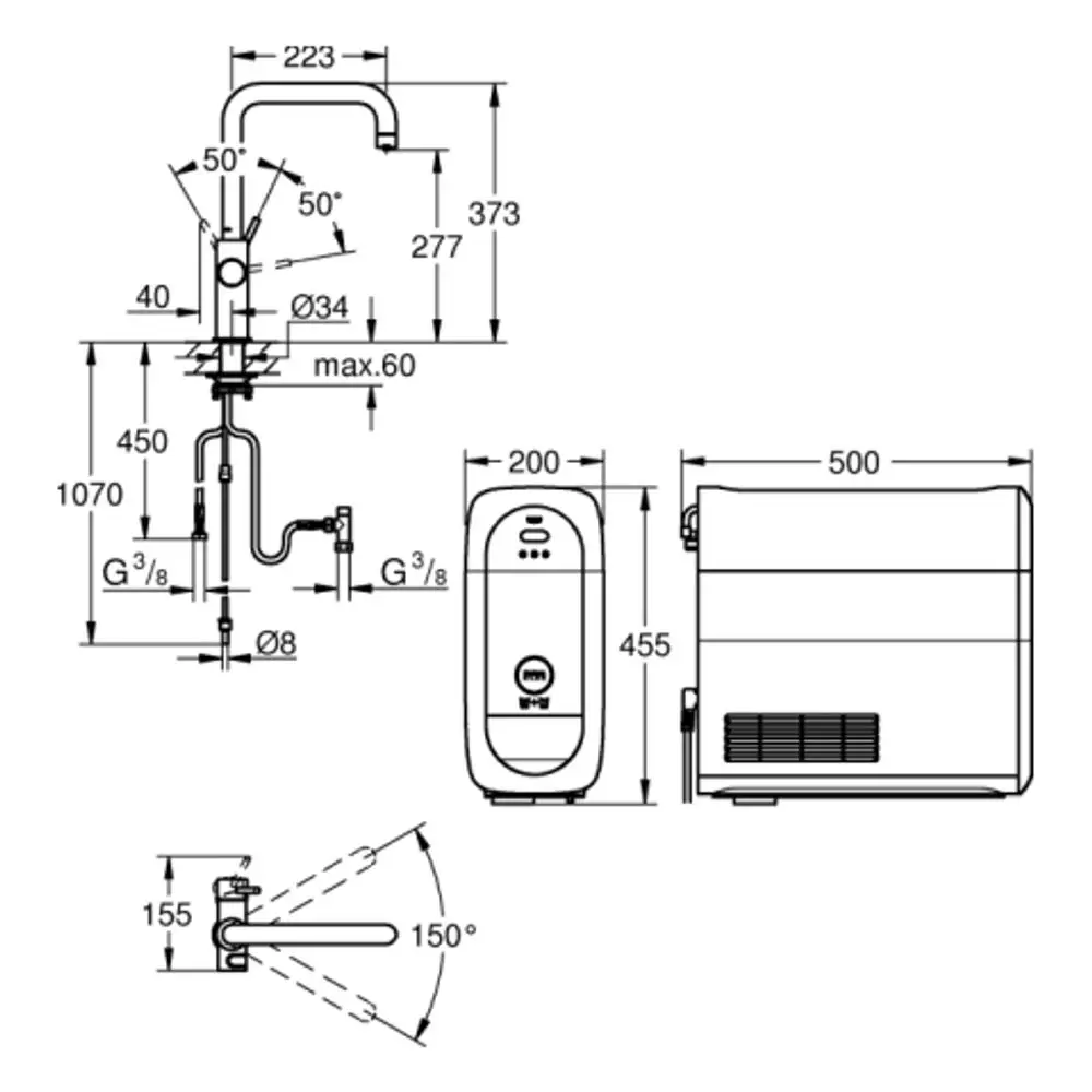 Grohe Wasserhahn-Design mit hochgezogenem Auslauf, seitlichem Hebel, seitlicher Wasserleitung und Montagezeichnungen auf weißem Hintergrund.