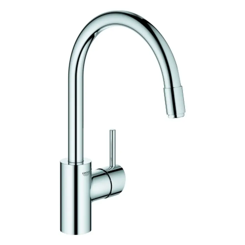Wasserhahn mit hochgebogenem Auslauf und seitlichem Hebel zur Steuerung. Verchromte Oberfläche von Grohe, geeignet für moderne Küchen.