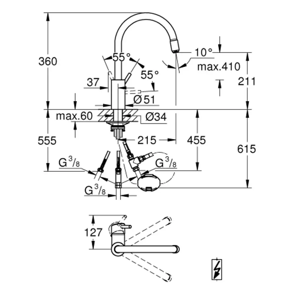 Stehende Armatur von Grohe mit flexibler Auslaufhöhe, verstellbaren Winkeln und G3/8-Anschlüssen. Technische Zeichnung mit Maßen und Montageanleitung.
