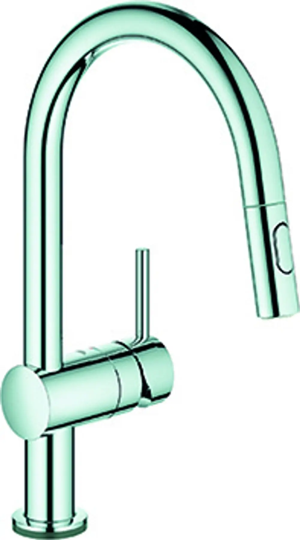 Chromfarbener Wasserhahn von Grohe mit flexibler Sprühdüse und einem ergonomischen Hebel für die Temperaturregelung. Modernes Design für Kücheneinrichtungen.