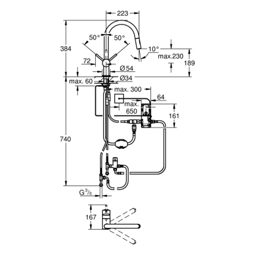 GROHE Armatur mit einem gebogenen Auslauf, verschiedenen Anschlüssen und Bedienhebeln. Technische Skizze zeigt Maße und Montageinformationen.