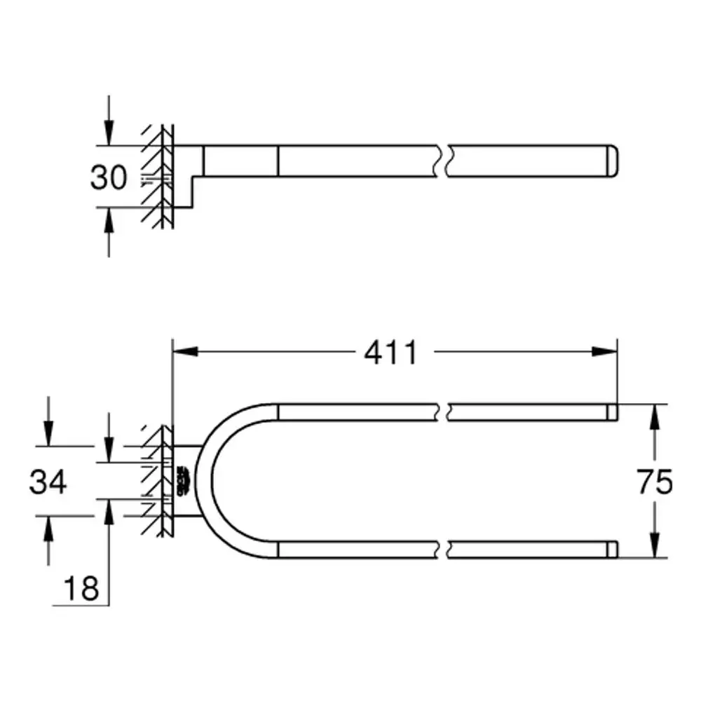 Zweiarmer Handtuchhalter von Grohe mit schematischer Darstellung. Maße und Details sind in der Zeichnung eingezeichnet, um die Konstruktion zu verdeutlichen.