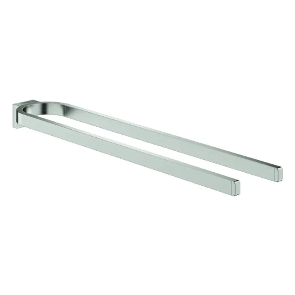 GROHE Handtuchhalter aus Edelstahl mit zwei Armen, befestigt an einer Wand. Das Design ist schlicht und funktional.