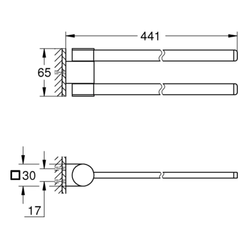 GROHE Handtuchhalter mit zwei Armen, die schwenkbar sind, dargestellt in technischer Zeichnung mit Angaben zu Dimensionen und Montageelementen.