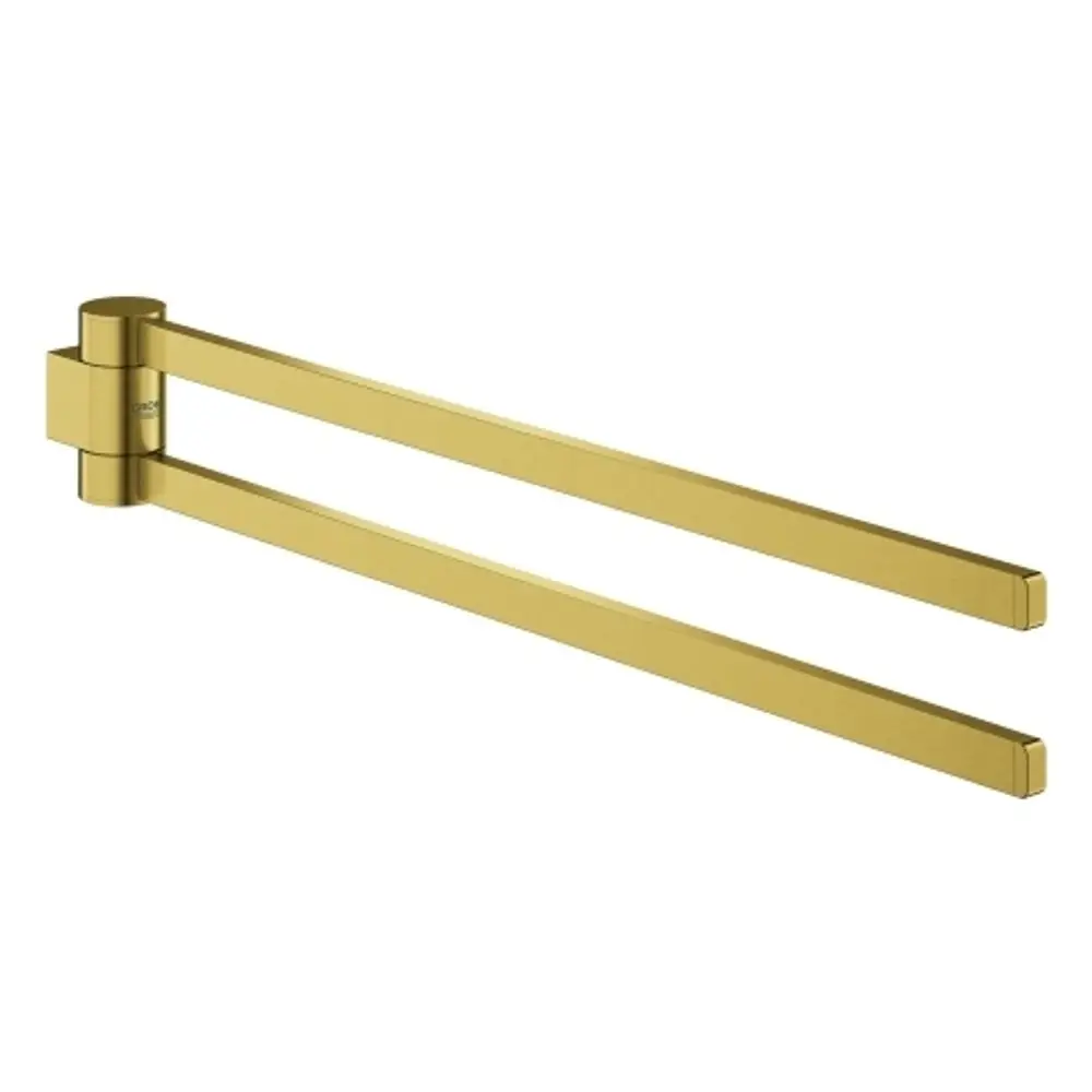 Zweifarbiges Handtuchhalter-Modell von Grohe mit zwei Armen, die schwenkbar sind. Die Oberfläche hat einen matten goldenen Look.
