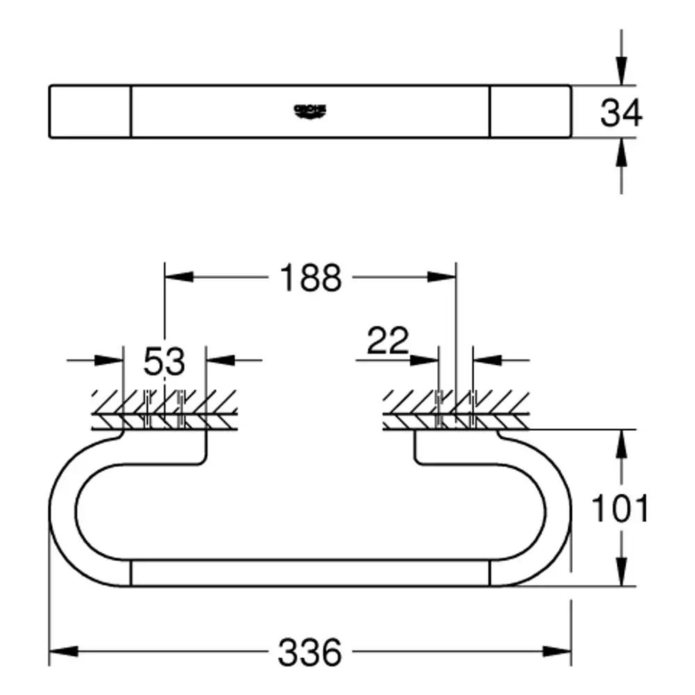 GROHE Duschgriff mit einer geschwungenen Form, seitlichen Halterungen und Montagebohrungen, abgebildet aus seitlicher und oberer Perspektive.