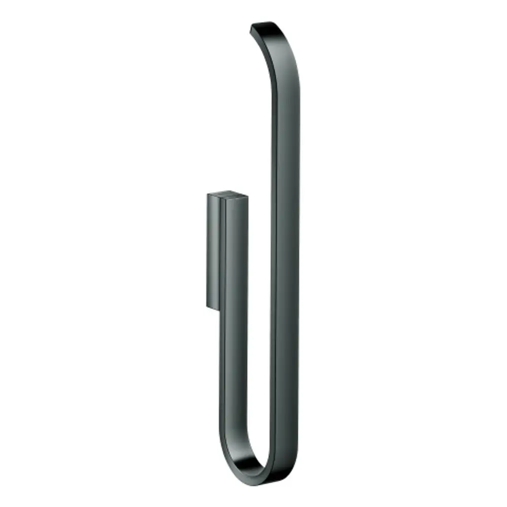 Schwarzer, minimalistisch gestalteter Handtuchhalter von Grohe mit schlanker, geschwungener Form und einer befestigten Montageplatte.