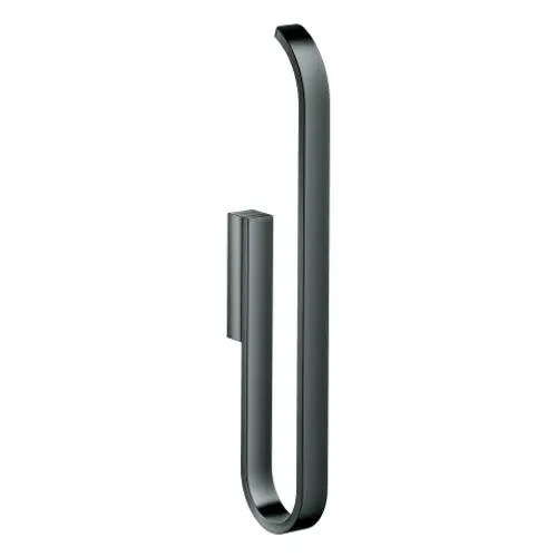Schwarzer, minimalistisch gestalteter Handtuchhalter von Grohe mit schlanker, geschwungener Form und einer befestigten Montageplatte.