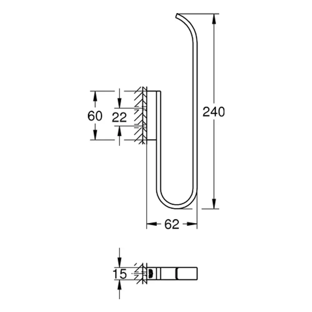 Gegenstand eines Grohe-WC-Papierhalters in einer schematischen Darstellung, seitliche Ansicht mit abgerundetem Design und Montagefläche mit Befestigungselementen.