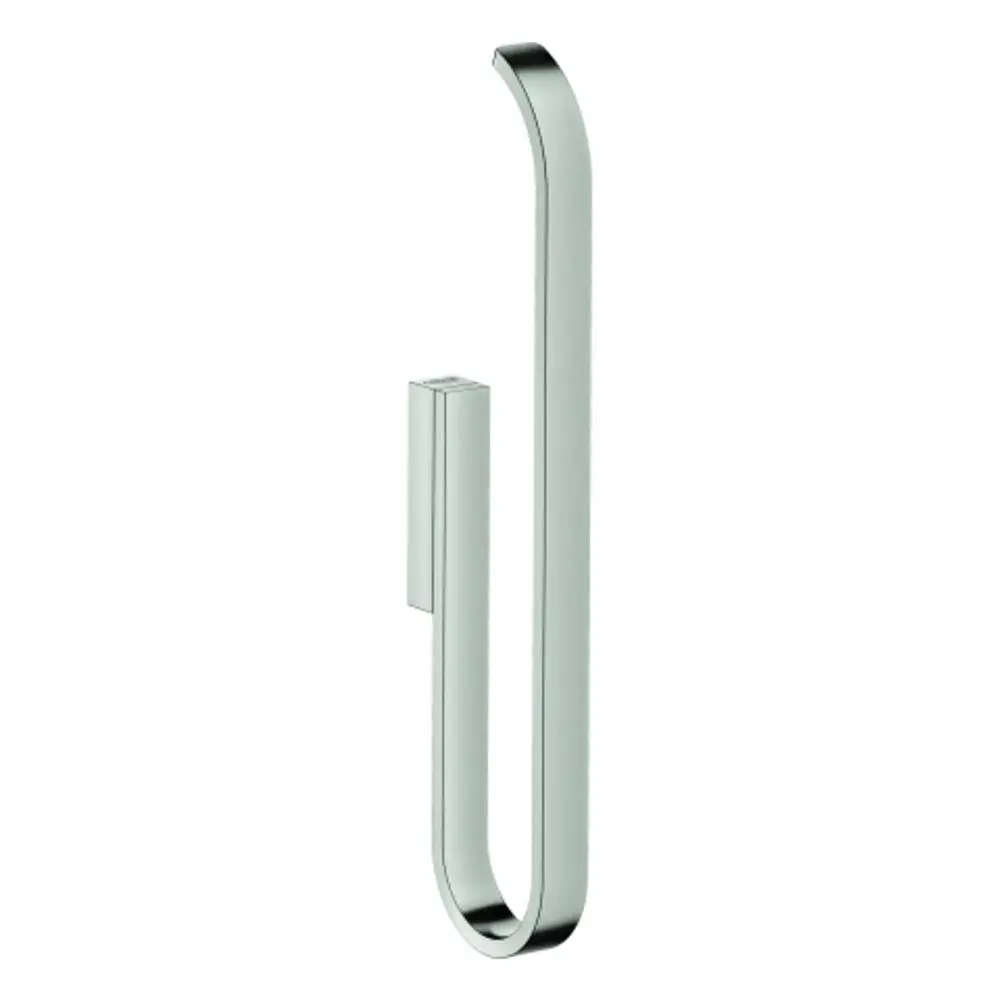 Scheibenförmiger, gebogener Türgriff aus Edelstahl mit quadratischem Halter. Das Design gehört zur Produktreihe von Grohe.
