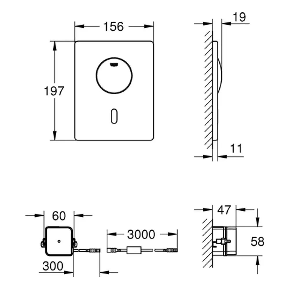 GROHE Gerätezeichnung eines elektrischen WC-Betätigungsfeldes mit manuellem Mechanismus, gezeigt in Frontansicht, Seite und Rückansicht mit Abmessungen.