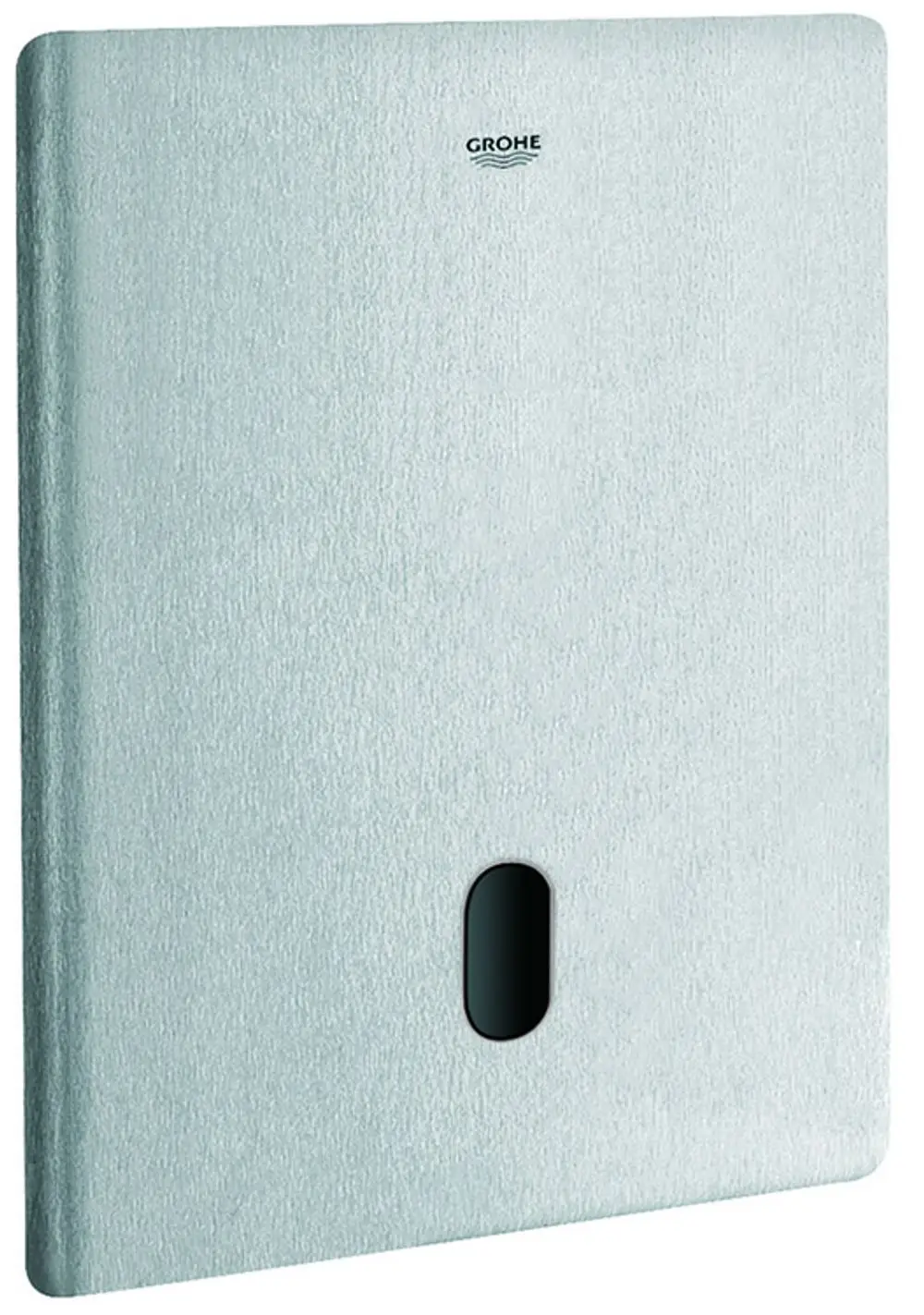 GROHE Wandmodul in grau mit einem ovalen Ausschnitt, geeignet für die Installation in WC-Spülkästen, aus robustem Material.