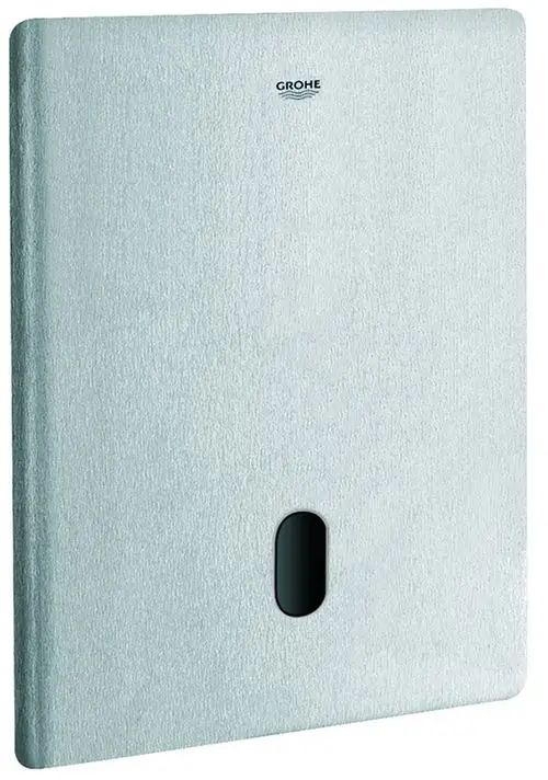 GROHE Wandmodul in grau mit einem ovalen Ausschnitt, geeignet für die Installation in WC-Spülkästen, aus robustem Material.