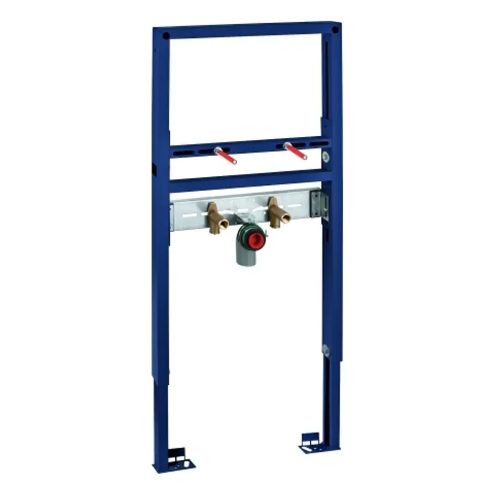 GROHE Waschtisch-Element in blauer Farbe, bestehend aus einer Stahlstruktur mit integrierter Sanitärtechnik und einem zentralen Anschluss für Wasserleitungen.