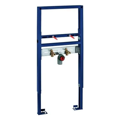 GROHE Waschtisch-Element in blauer Farbe, bestehend aus einer Stahlstruktur mit integrierter Sanitärtechnik und einem zentralen Anschluss für Wasserleitungen.