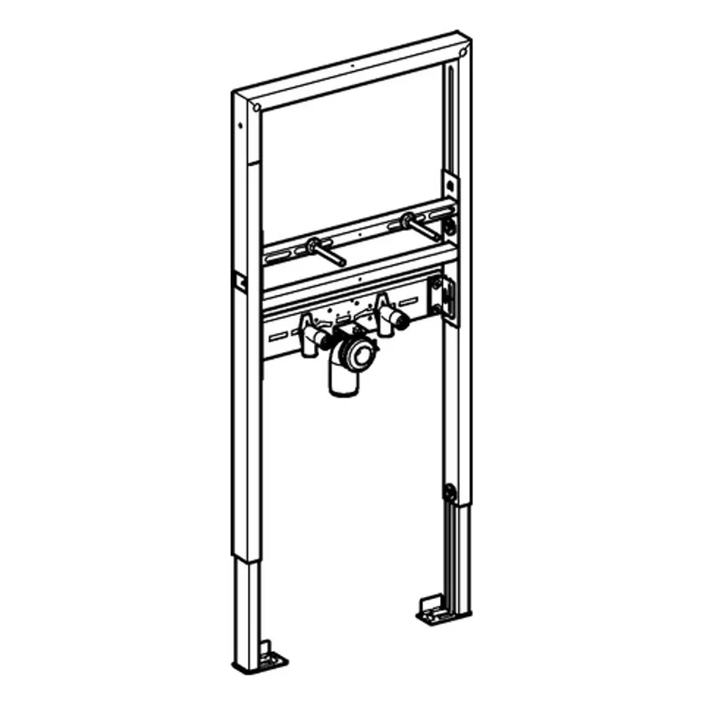 Waschtisch-Element von Grohe mit senkrechter Rahmenstruktur und integrierter Technik für die Installation eines Waschbeckens. Höhenverstellbar, mit Anschluss für Wasser.