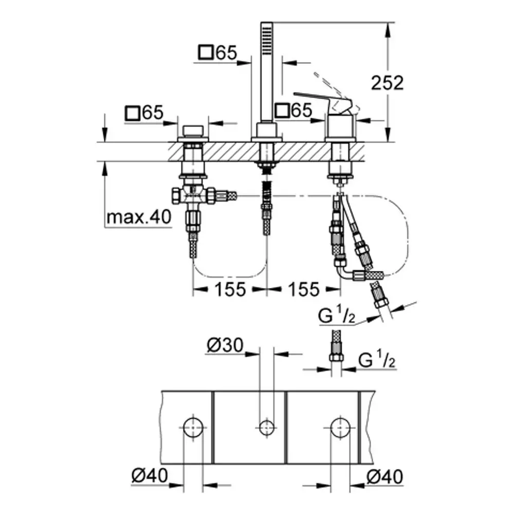 Designzeichnung einer GROHE 3-Loch-Wannenkombination ohne Auslauf, mit verschiedenen Anschlüssen und Maßen, für Talentofill-Anwendung.