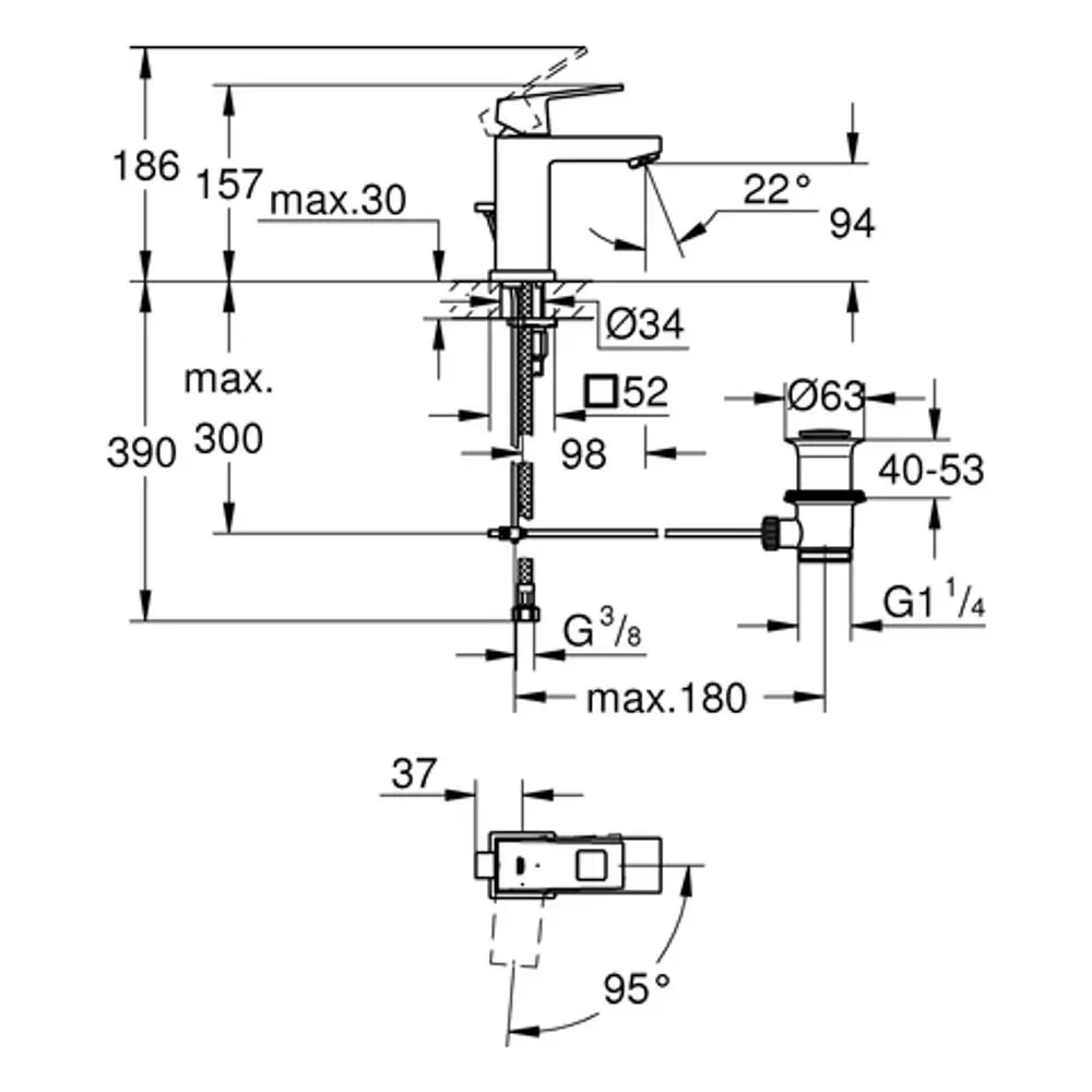 Grohe Wasserhahn mit seitlichem Hebel, angegebenen Maßen und technischem Diagramm, das Installationsdetails und Abmessungen veranschaulicht.