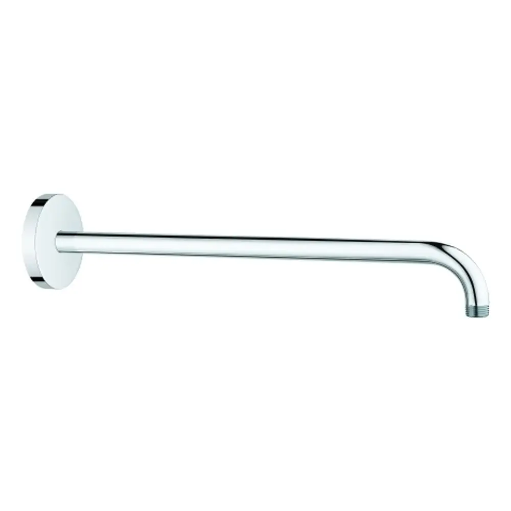 Metallener Brausearm von Grohe mit gebogenem Ende, montiert auf einer runden Wandplatte, in glänzendem Chrom-Finish.