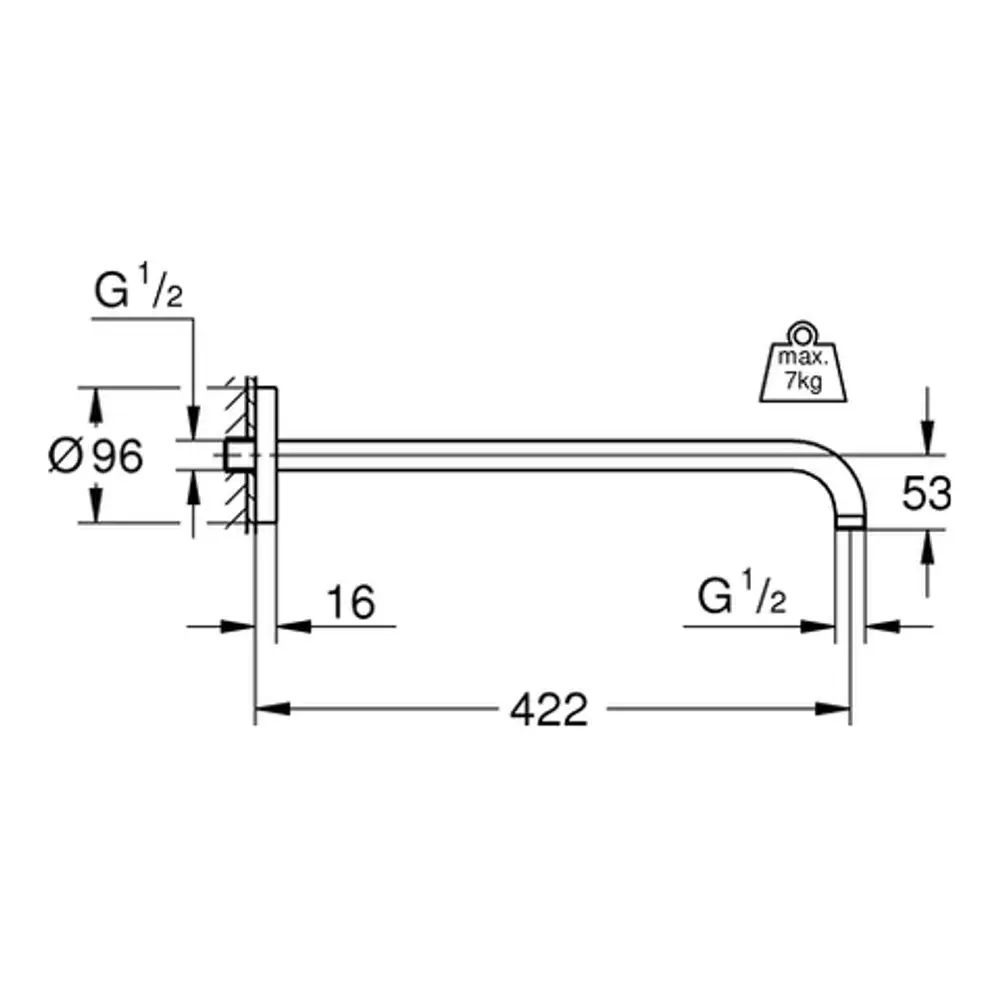 GROHE Brausearm mit langer Ausladung, montiert an einer Wand, mit einem maximalen Gewicht von 7 kg, dargestellt in technischem Zeichnungsformat.