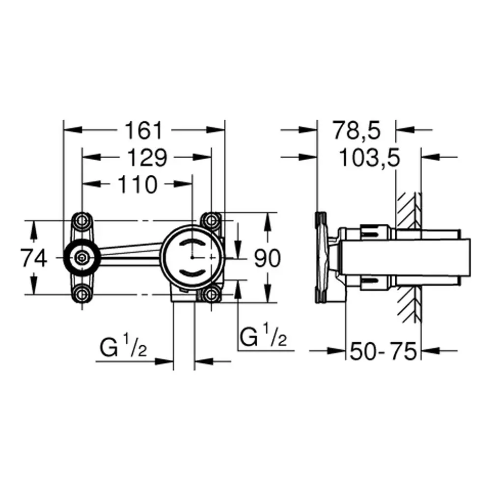 Schematik eines Grohe Einhand-Up-Einbaukörpers mit Abmessungen und Anschlussdetails. Zeichnung zeigt seitliche und frontale Ansicht des Produkts.