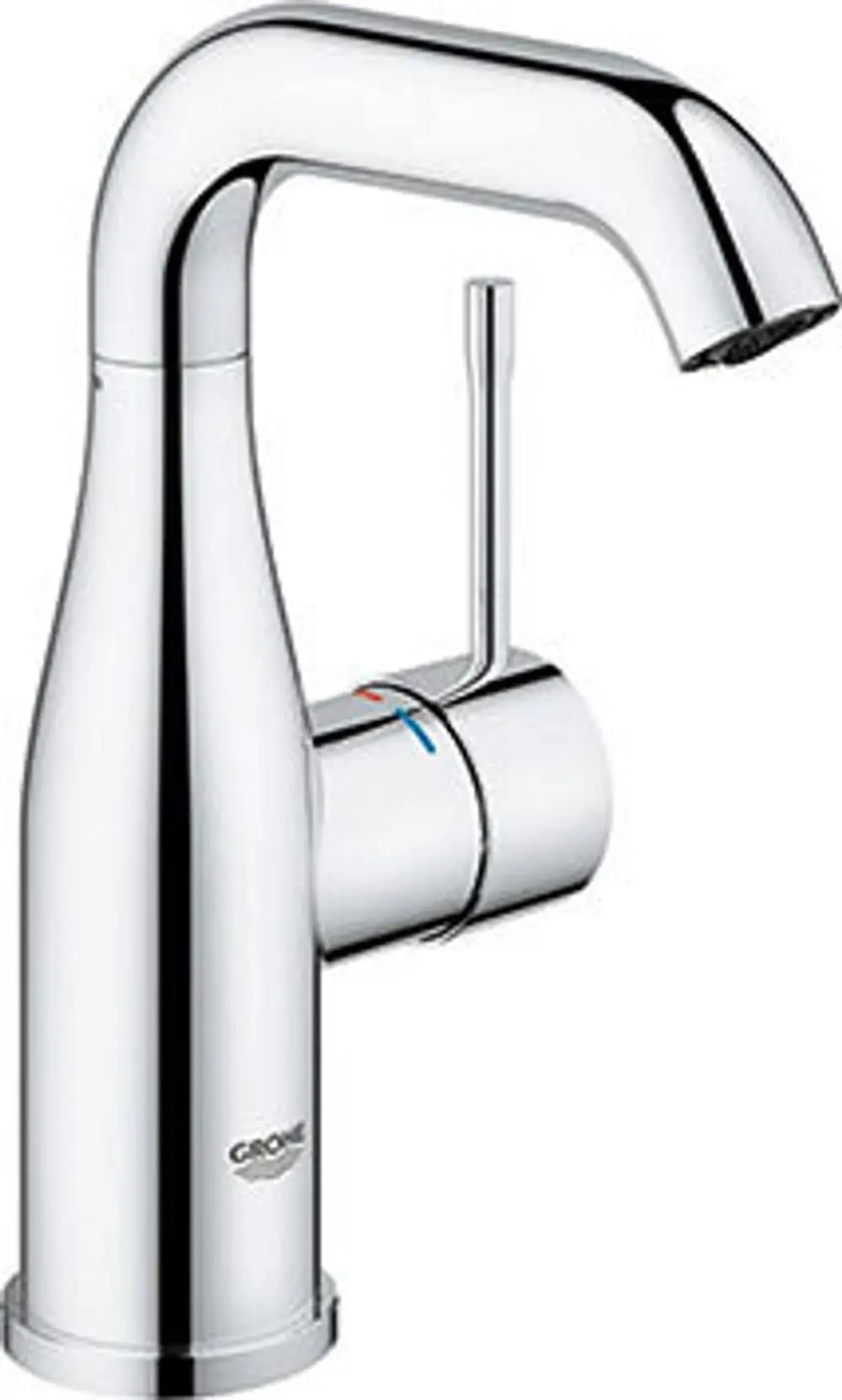 Grohe-Wasserhahn mit glattem Körper und U-Auslauf in Chromfarbe. Einhebelmischer zur Steuerung von Wasserfluss und Temperatur.