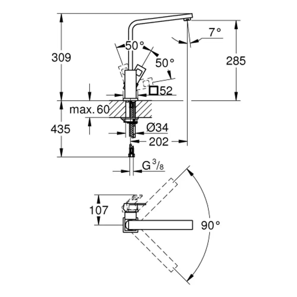 GROHE Einhand-Spültischbatterie mit schwenkbarem Auslauf in einer schematischen Darstellung mit Maßangaben und Installationshinweisen.