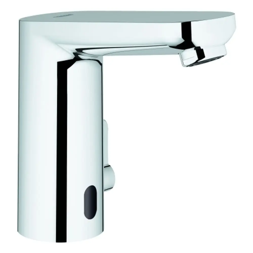 Grohe Armatur mit Sensorsteuerung, geeignet für Niederdrucksysteme, aus verchromtem Material, einseitiger Wasserfluss, modernes Design ohne sichtbare Hebel oder Knöpfe.