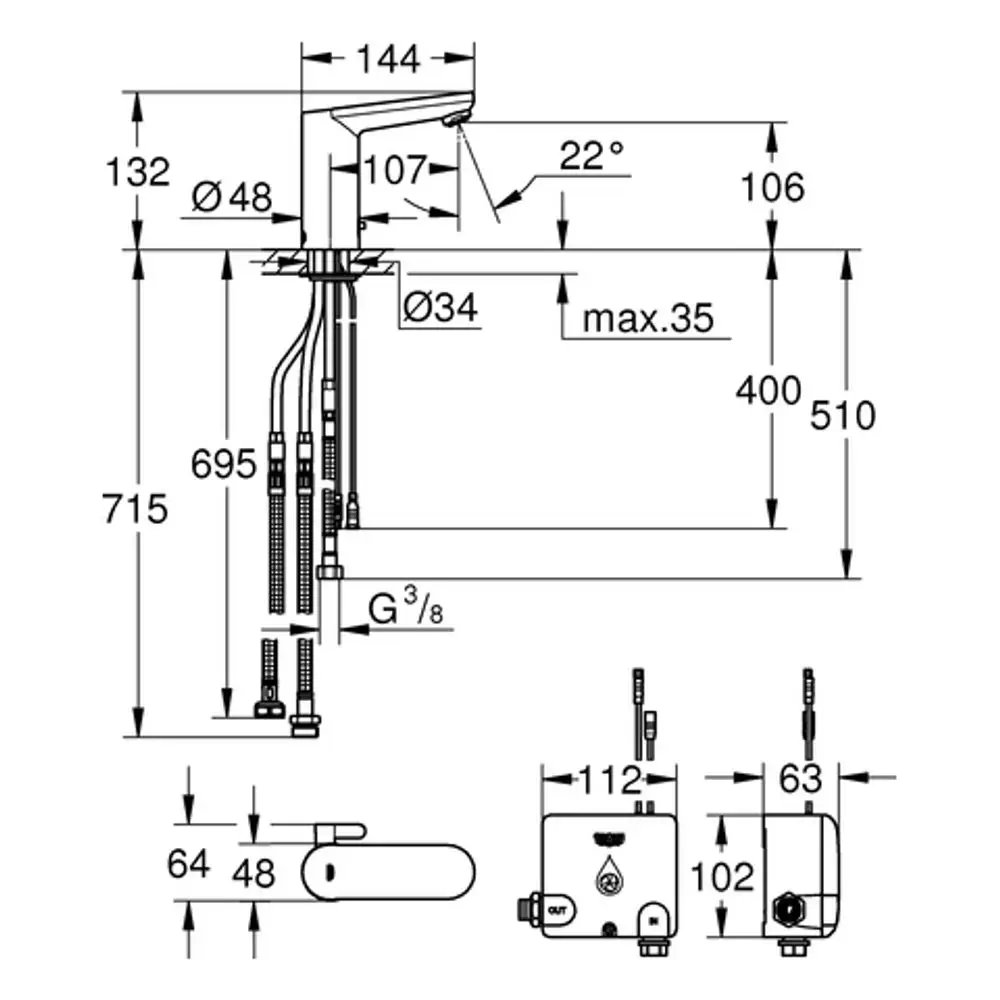 Technische Zeichnung eines Grohe Wasserhahns mit verschiedenen Maßen und Detailansichten. Darstellung der Anschlüsse und montierbaren Komponenten.