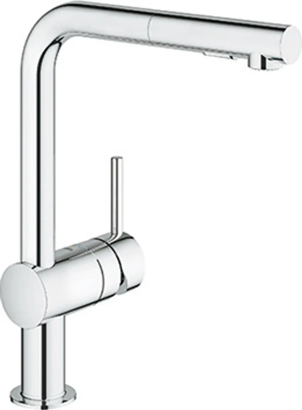 Grohe Armatur mit L-Auslauf und integriertem Spülbrause. Das Design ist funktional und eignet sich für moderne Küchenanwendungen.