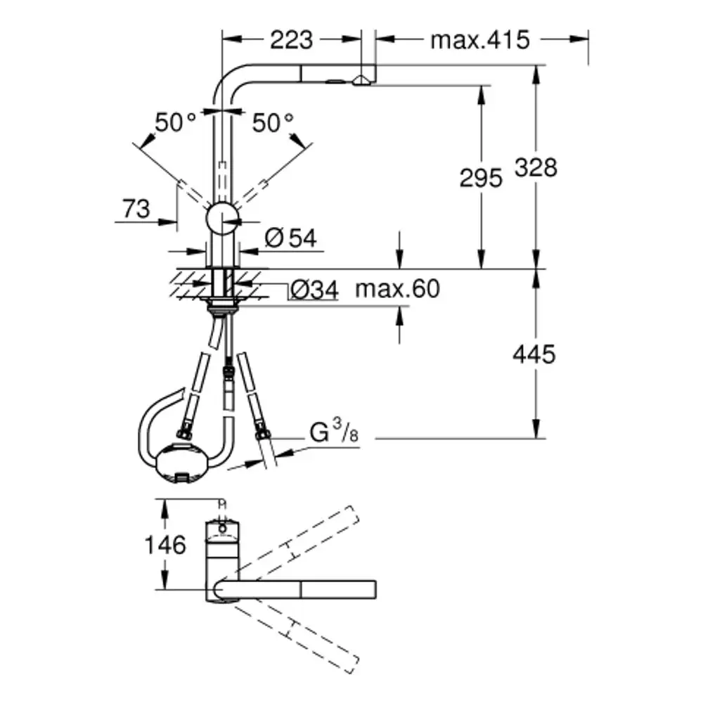 Küchenarmatur von Grohe mit flexiblem Auslauf. Technische Zeichnung zeigt Abmessungen und Montagepunkte für die Installation.